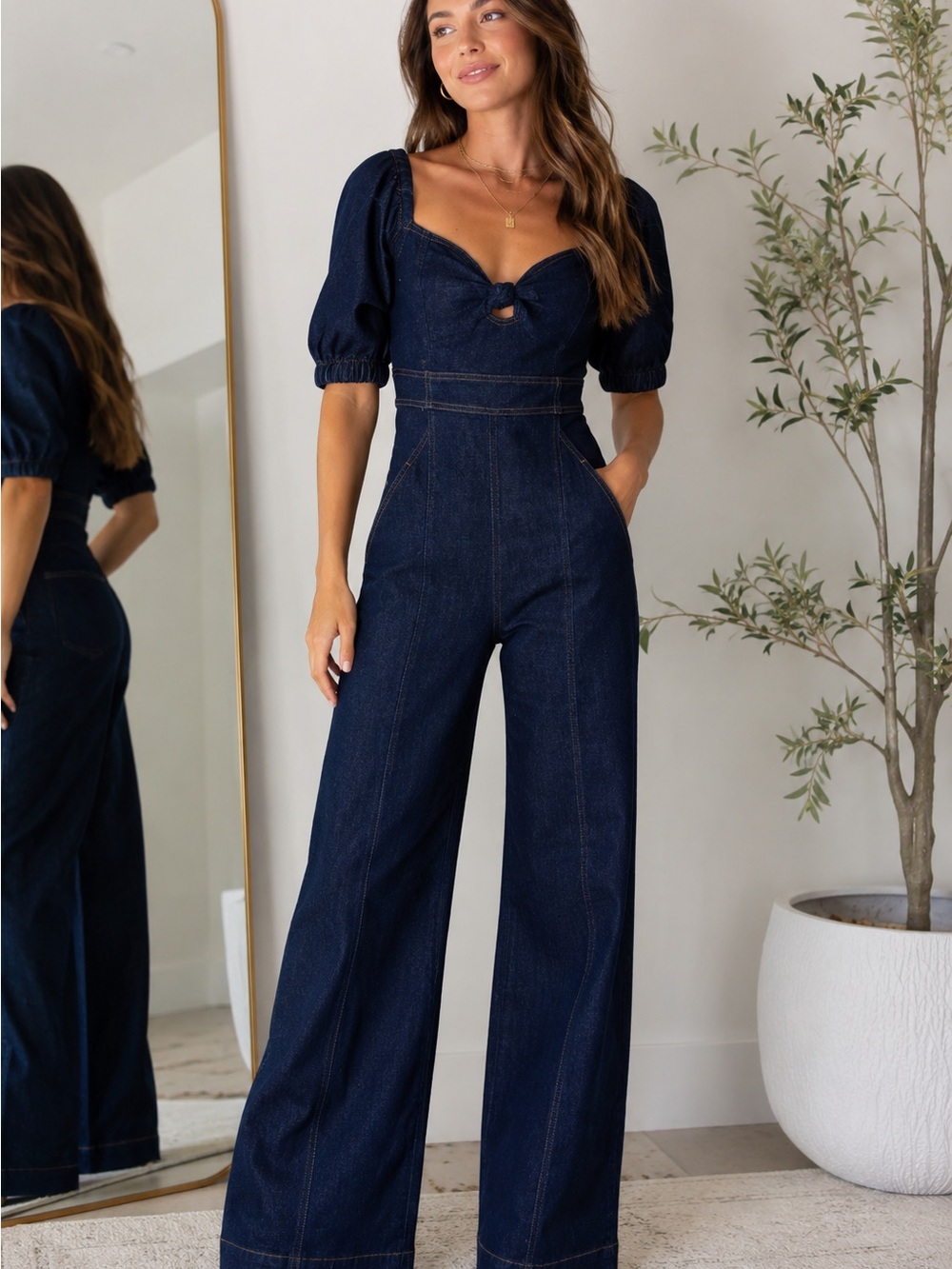 Farm Rio Denim Puff Sleeve Wide Leg Jumpsuit XS Made in Brazil